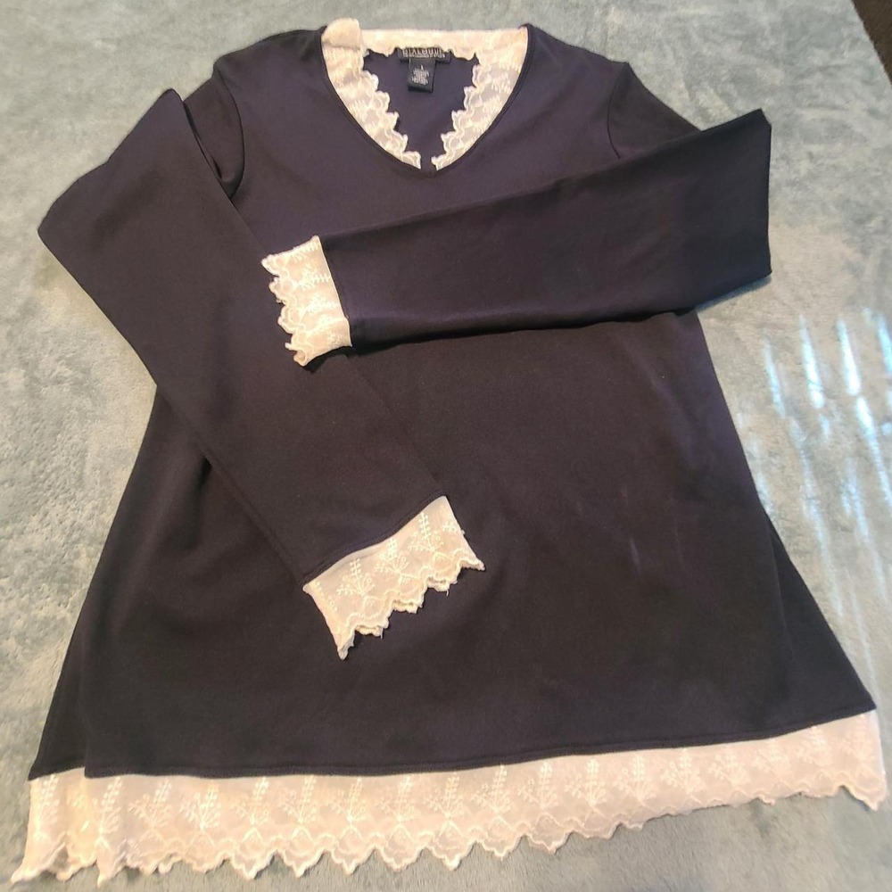 Dialogue Womens Navy Blue Lace Trim V-Neck Long Sleeve Top Size S